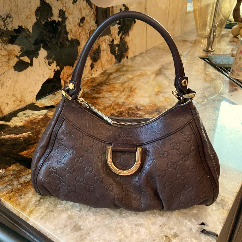 Gucci Guccissima 189833 Women's Leather D Ring Abbey Hobo Bag - Dark Brown.
